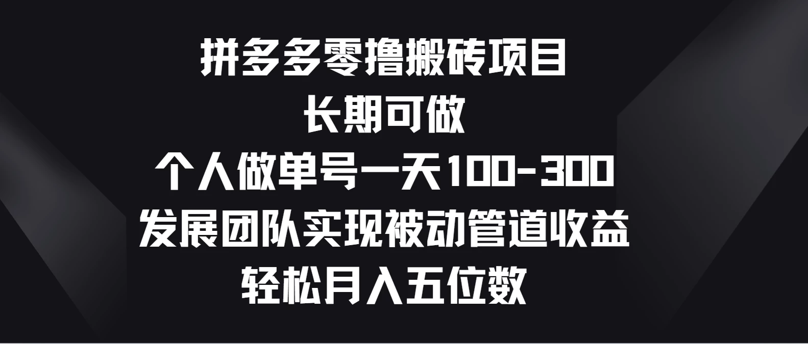 拼多多零撸搬砖项目,长期可做,个人做单号一天100-300,发展团队实现被动管道收益,轻松月入五位数-资源项目网