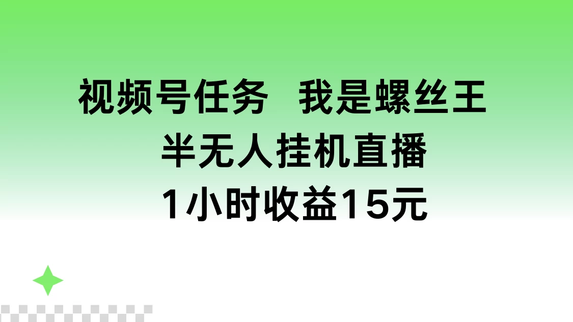 视频号任务,我是螺丝王, 半无人挂机1小时收益15元-资源项目网