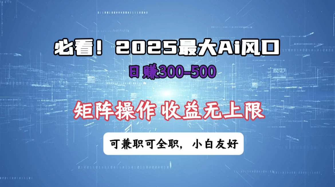 必看!2025 最大 AI 风口,每天三十分钟,日赚3位数起步,超适合小白,矩阵操作收益无上限,兼职全职皆可!-资源项目网