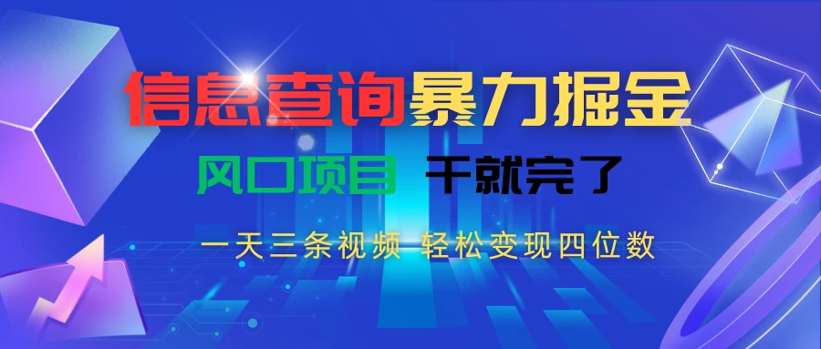 信息查询暴力掘金，一天三条视频，轻松变现四位数，风口项目干就完了-资源项目网
