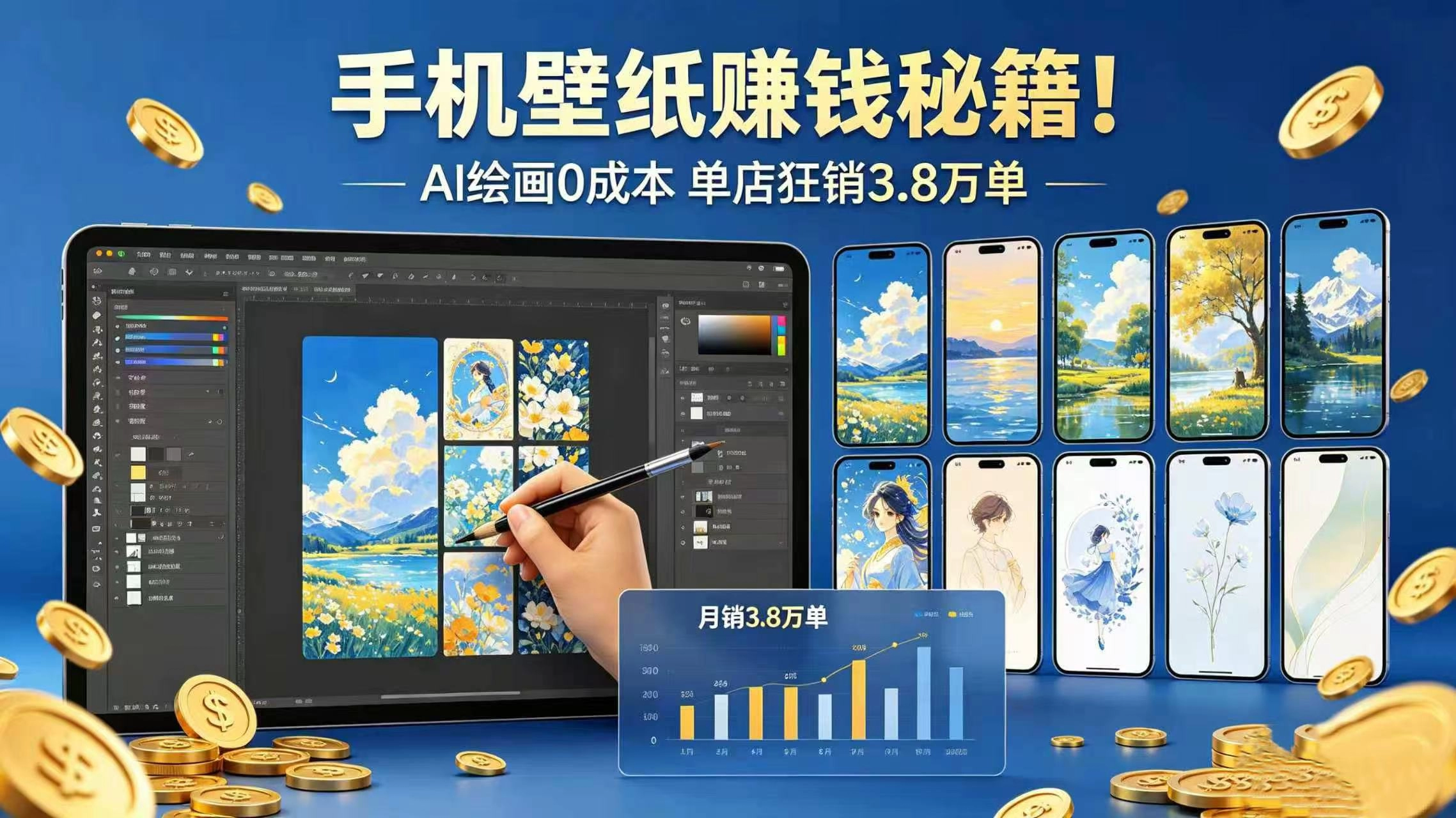 揭秘手机壁纸赚钱术！AI绘画零成本，单店狂销3.8万单-资源项目网
