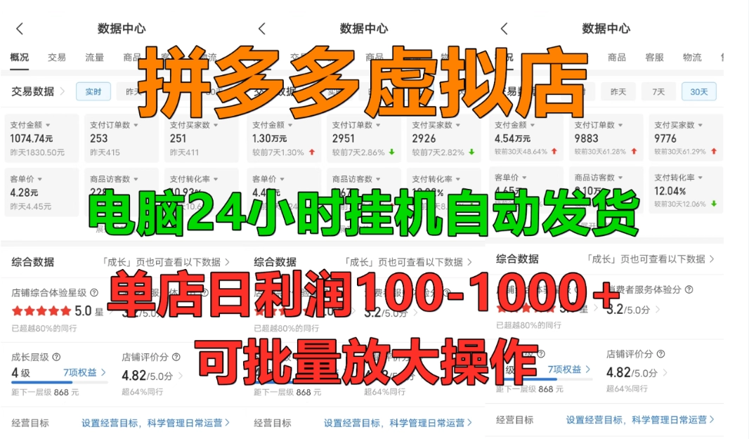 拼多多虚拟店，日赚100-1000+，电脑24小时挂机全自动发货，新手首选项目，轻松放大操作-资源项目网