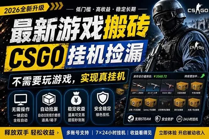 全新游戏挂机项目，CSGO纯挂机赚钱，无需玩游戏，月入1W+，五一小高峰上车可吃肉。-资源项目网