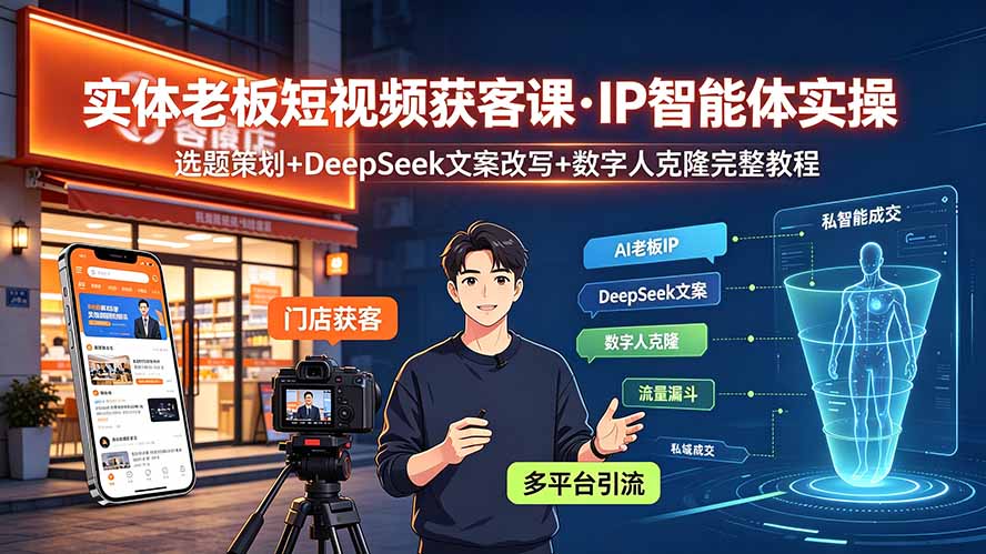 实体老板短视频获客课：IP智能体实操、选题策划与DeepSeek文案改写、数字人克隆教程-资源项目网