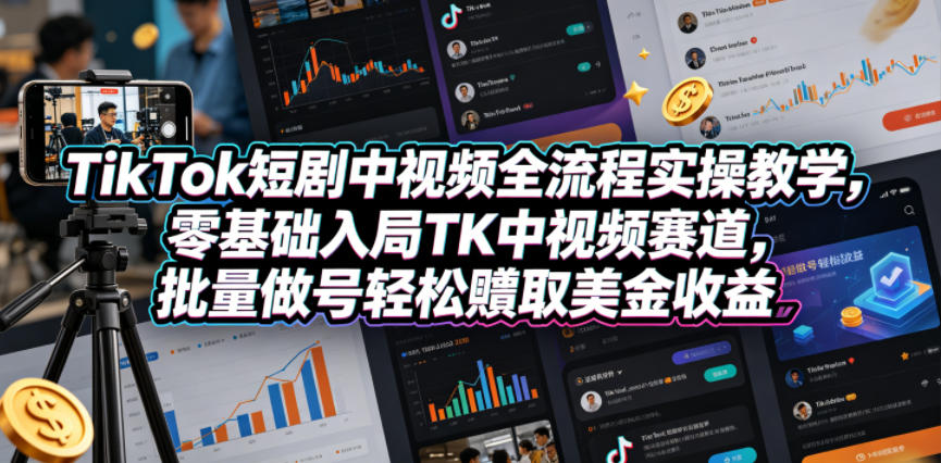 TikTok短剧视频制作与运营全流程实操教程，零基础入门TK中视频领域，批量操作轻松赚取美元收益-资源项目网