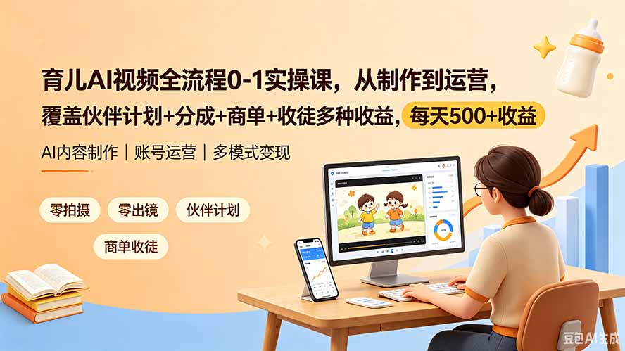 育儿AI视频全流程实操课：从制作到运营，覆盖伙伴计划、分成、商单、收徒多种收益，日赚500+-资源项目网