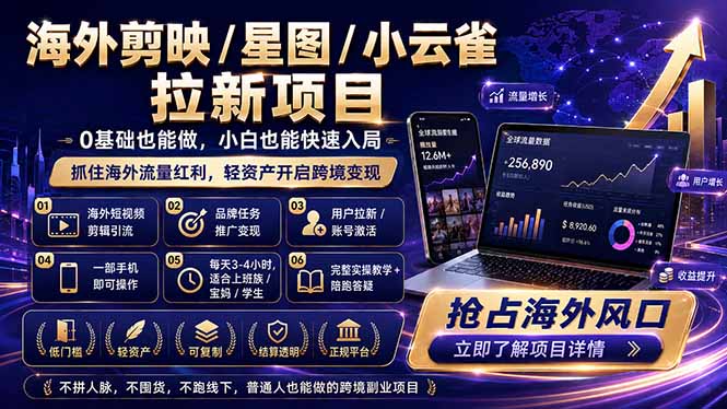 海外剪映、星图、小云雀拉新项目：普通人轻松上手的跨境流量变现副业-资源项目网