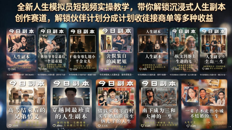 全新人生模拟员短视频实操教学，解锁沉浸式创作赛道，加入伙伴计划分成计划，收徒接商单等多种收益-资源项目网