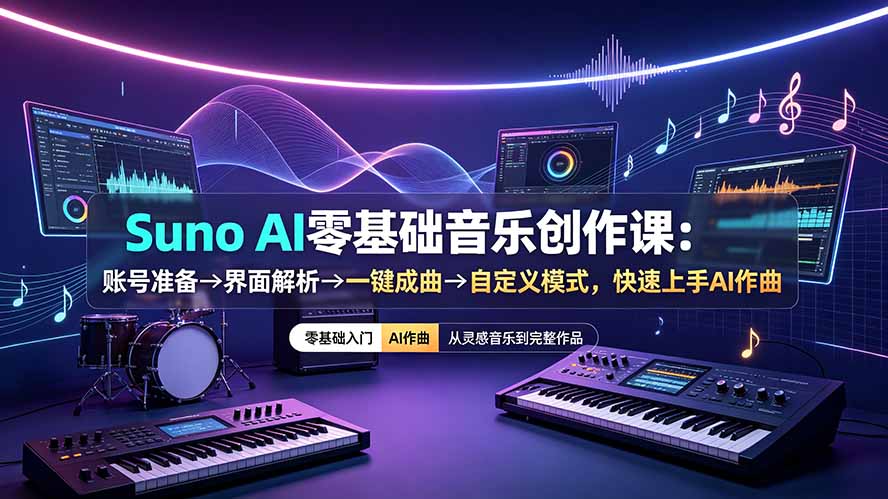 Suno AI音乐创作入门课程：从账号设置到一键生成，自定义模式，快速掌握AI作曲技巧-资源项目网