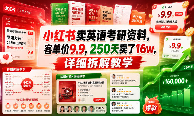 小红书英语考研资料销售:9.9元客单价,250天销量16万,教学策略详解-资源项目网