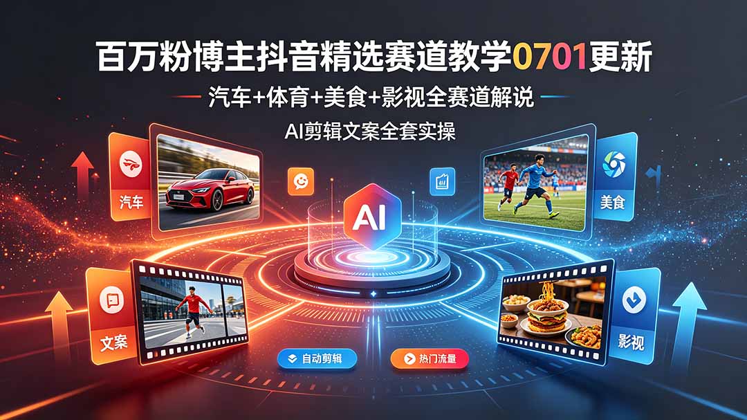 百万粉丝博主抖音精选赛道教学：0701更新，涵盖汽车、体育、美食、影视全领域AI剪辑文案实操-资源项目网