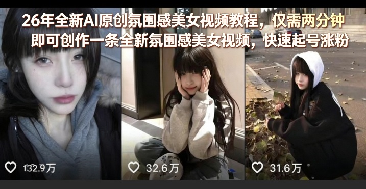 26年AI原创氛围感美女视频教程，两分钟学会创作，快速涨粉-资源项目网