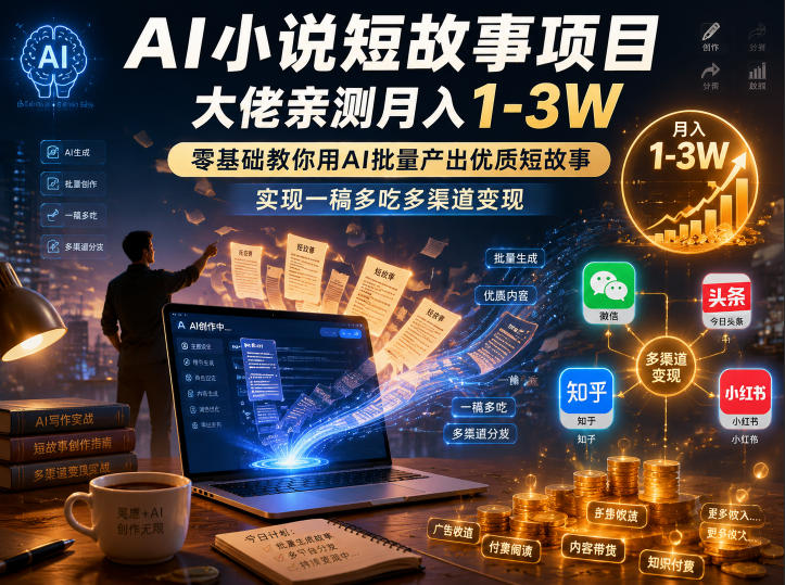 AI小说短故事项目：零基础入门，月入1-3万，批量产出优质短故事，多渠道变现-资源项目网
