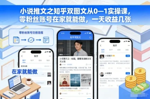 知乎双图文实操课：从零到一，无粉丝账号也能在家赚钱，日入数张-资源项目网