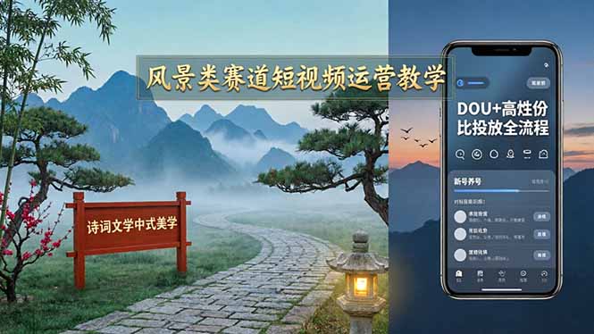 风景赛道短视频运营教学：诗词文学中式美学，新号养号与DOU+投放全流程-资源项目网