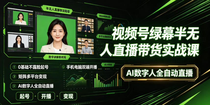 视频号绿幕半无人直播带货实战课：0基础起号、手机电脑双端开播、AI数字人全自动直播，多平台变现-资源项目网