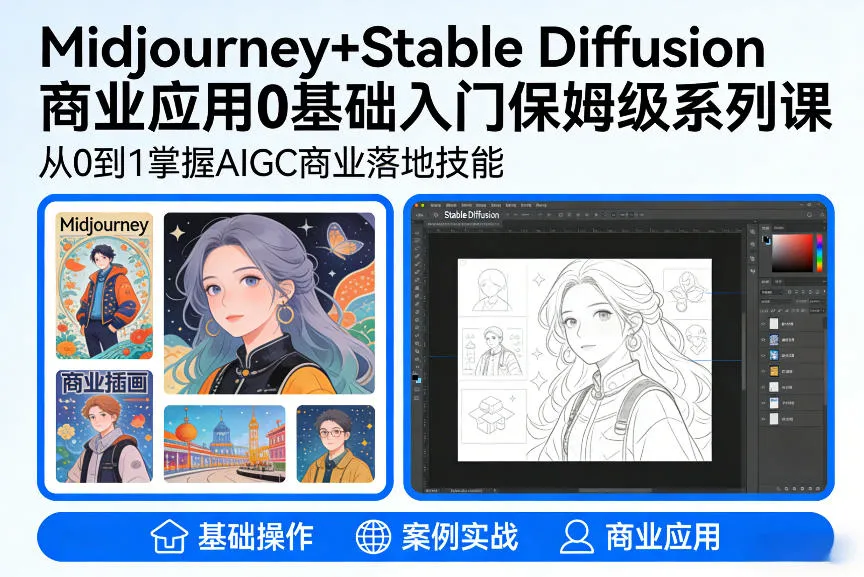 AIGC商业应用教程：Midjourney+Stable Diffusion入门，0基础保姆级系列课-资源项目网