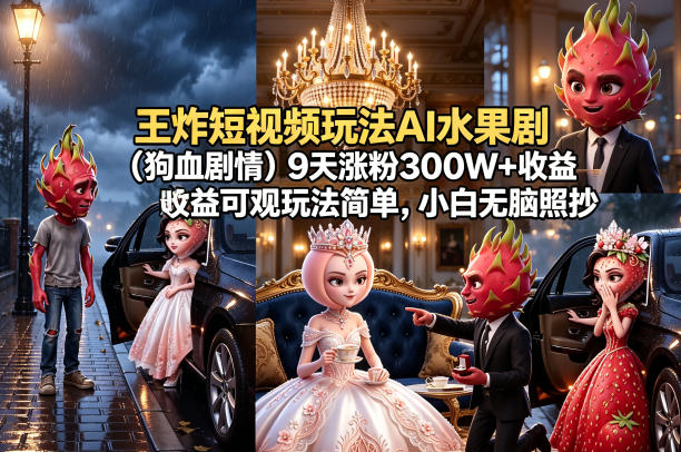王炸短视频AI水果剧：9天涨粉300W+，小白轻松赚钱，玩法简单易懂-资源项目网