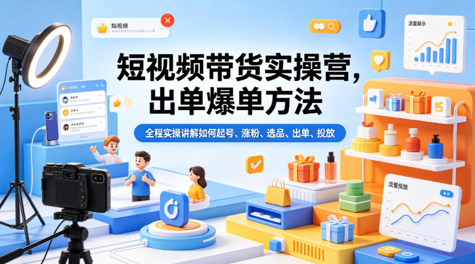 短视频带货实战营：揭秘爆单技巧，全程实操起号、涨粉、选品、出单、投放-资源项目网
