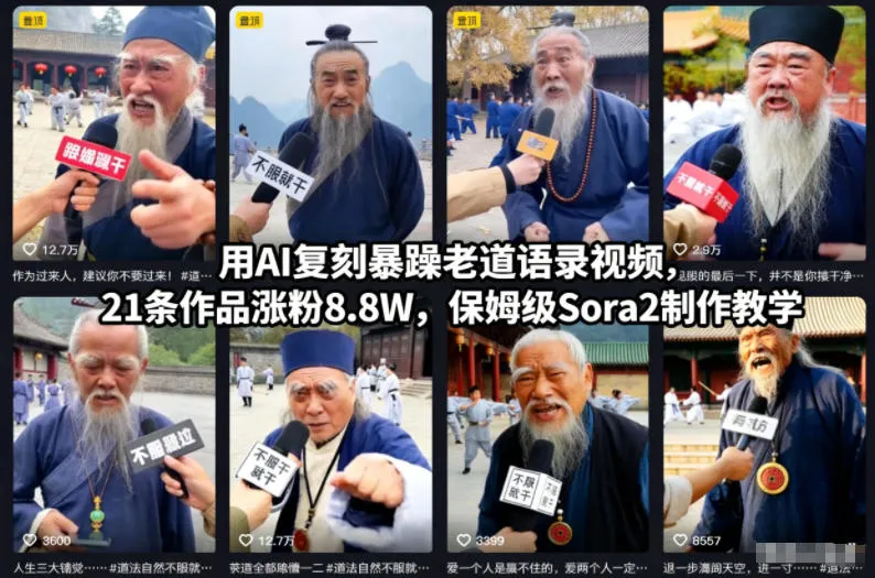 AI复刻暴躁老道语录视频涨粉8.8W，保姆级Sora2制作教程-资源项目网