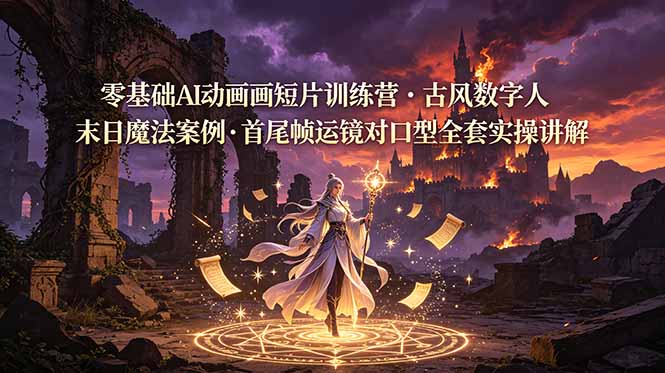 零基础AI动画短片训练营：古风数字人末日魔法案例，首尾帧运镜与对口型实操教程-资源项目网