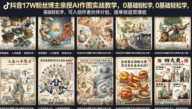 抖音17万粉丝博主AI作图实战教学，0基础轻松学，可加入创作者伙伴计划，接单收徒双增收-资源项目网