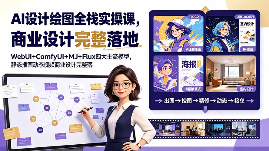AI设计绘图全栈实操课：WebUI、ComfyUI、MJ、Flux四大主流模型，静态插画动态视频商业设计完整教程-资源项目网