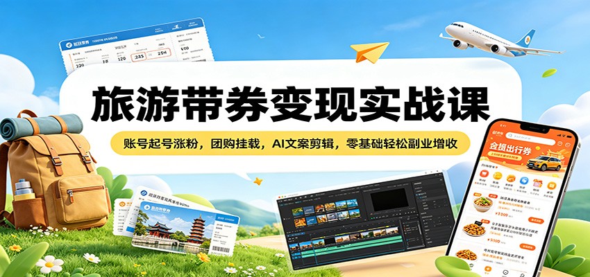 旅游带券变现实战课：零基础副业增收，账号起号涨粉，团购挂载技巧-资源项目网