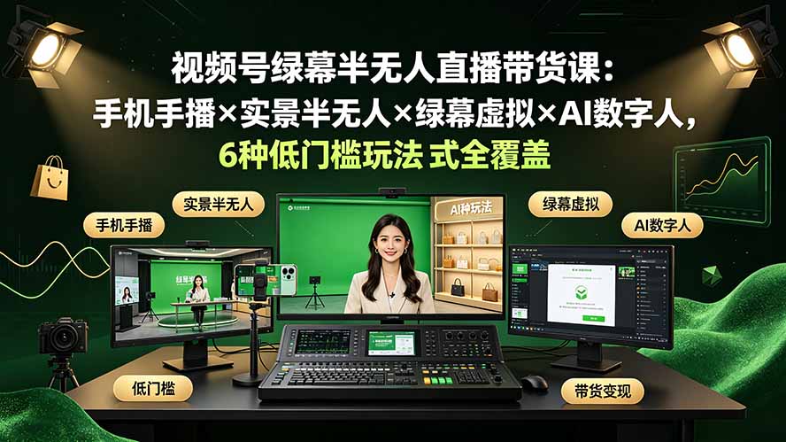 绿幕半无人直播带货课程：手机手播+实景半无人+绿幕虚拟+AI数字人，6种低门槛玩法全覆盖-资源项目网