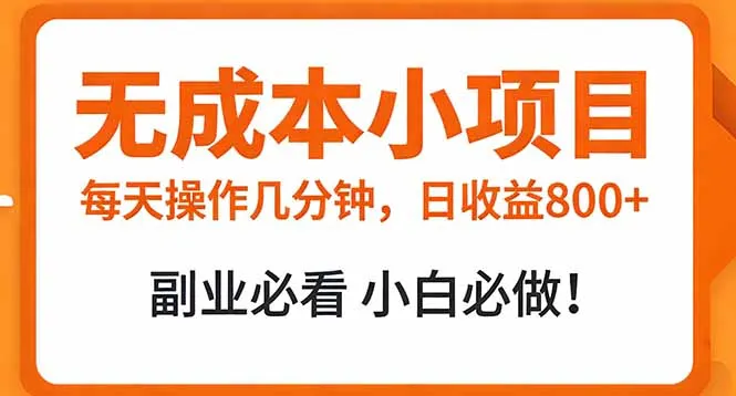 无成本副业：每天操作几分钟，日收益800+，小白必看！-资源项目网