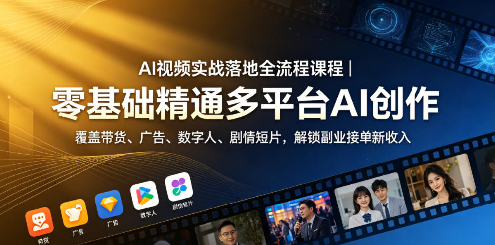 AI视频创作全流程课程：零基础精通多平台AI创作，带货、广告、数字人、剧情短片，解锁副业接单新收入-资源项目网