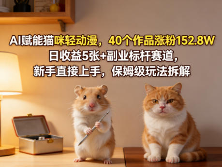 AI助力猫咪轻动漫,40作品粉丝破152.8万,日收益5张+副业标杆,新手保姆级教程-资源项目网