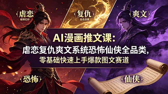 AI漫画推文入门：零基础快速上手爆款图文赛道，包含虐恋复仇、恐怖仙侠等全品类内容-资源项目网