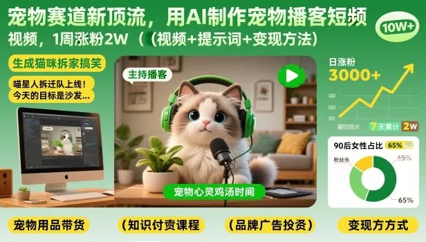 AI制作宠物播客短视频，一周涨粉2万+，视频+提示词+变现方法-资源项目网