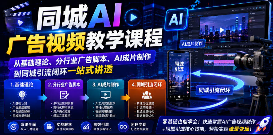 AI广告视频教学课程：基础理论、行业脚本、成片制作与同城引流闭环-资源项目网