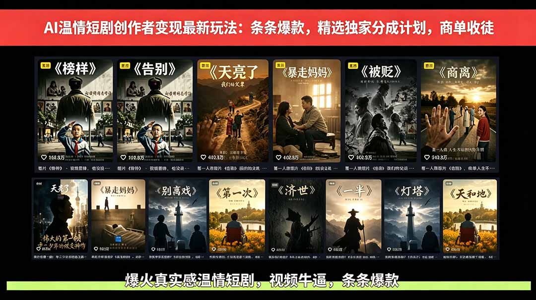 AI温情短剧创作者变现新策略：视频爆款，独家分成计划，商单收徒-资源项目网