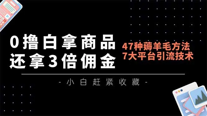 '0撸白拿商品,3倍佣金,47种方法,7大平台引流技术教学,月入过万'-资源项目网