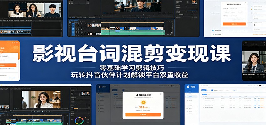 影视台词混剪变现课:零基础学剪辑,抖音伙伴计划双重收益解锁-资源项目网
