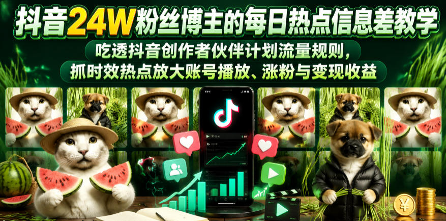 抖音24万粉丝博主每日热点信息差教学:掌握创作者伙伴计划流量规则,抓住时效热点提升账号播放量、粉丝增长与变现收益-资源项目网
