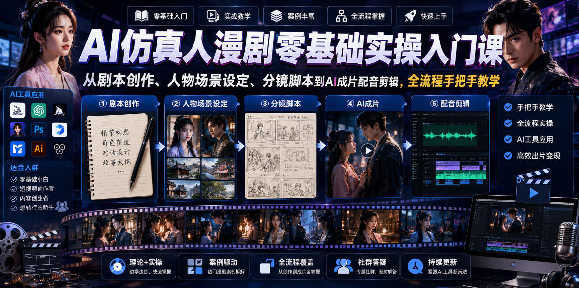 AI仿真人漫剧零基础入门课程:从剧本到配音剪辑全流程实操教学-资源项目网