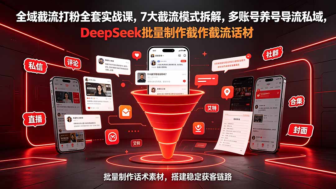 全域截流打粉实战课程：7大模式解析与多账号养号导流技巧，DeepSeek批量制作话术素材-资源项目网