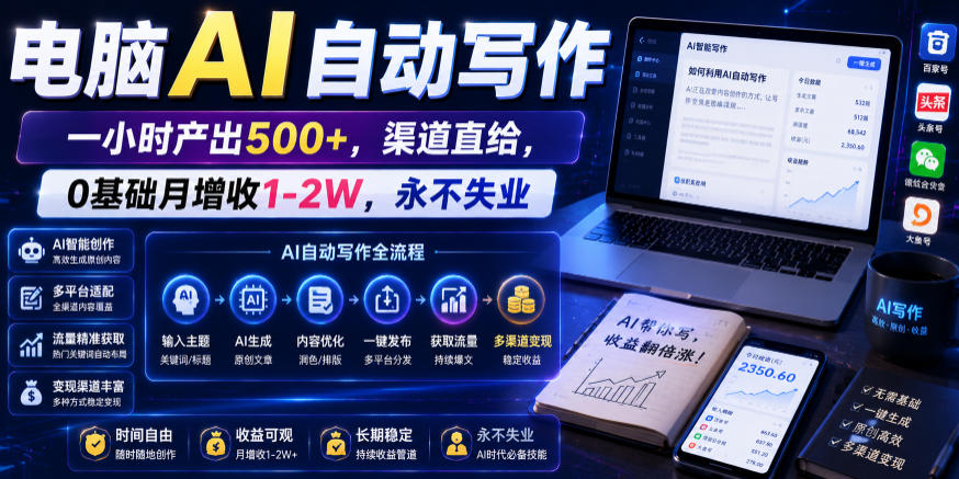 AI电脑自动写作,一小时500+产出,渠道直给,0基础月增收1-2W,永不失业【揭秘】-资源项目网