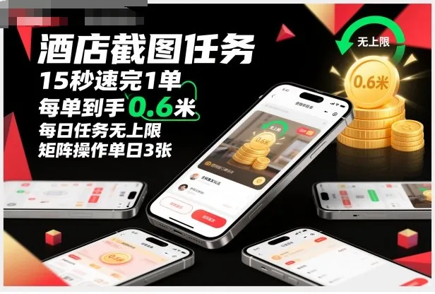 揭秘酒店截图任务：15秒速成，每单0.6米收益，日任务无上限，全网首发玩法，矩阵操作单日3张-资源项目网