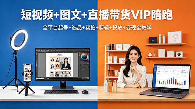 短视频+图文+直播带货VIP陪跑，全平台起号选品实拍剪辑投放变现教学-资源项目网