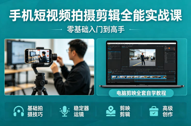 手机短视频拍摄剪辑全能实战课：零基础到高手，稳定器运镜+电脑剪映全套自学教程-资源项目网