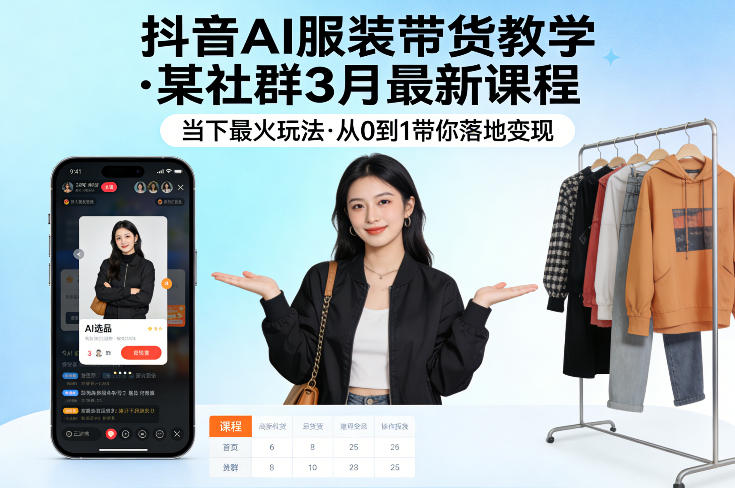 抖音AI服装带货课程：社群3月最新教程，0到1落地变现技巧-资源项目网