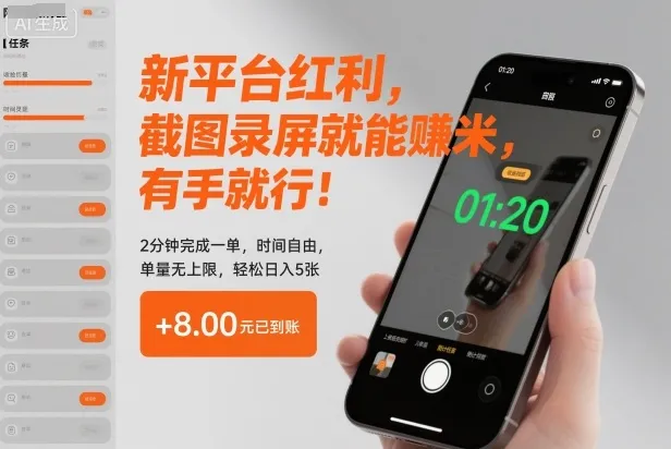 新平台红利:截图录屏轻松赚钱,2分钟完成一单,时间自由,日入5张【揭秘】-资源项目网