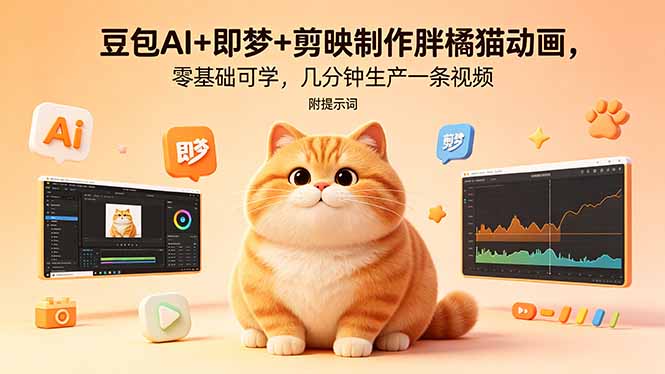 豆包AI+即梦+剪映制作胖橘猫动画，零基础可学，几分钟生产一条视频，附提示词-资源项目网