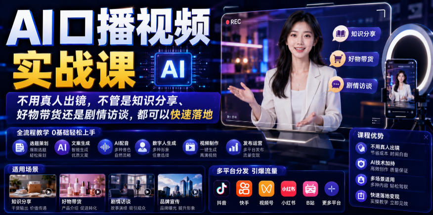 AI口播视频实战课程：无需真人出镜，知识分享、好物带货、剧情访谈轻松实现-资源项目网
