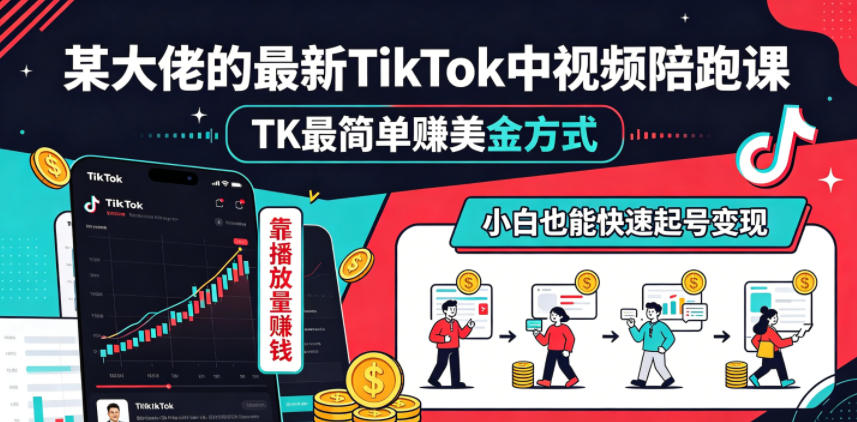 “TK最简单赚美金方式：TikTok中视频陪跑课，小白快速起号变现教程”-资源项目网